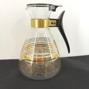 Vintage Pyrex Gold Leaf Stripe Glass Coffee Carafe 8 Cup MCM Bakelite Handle Lid
